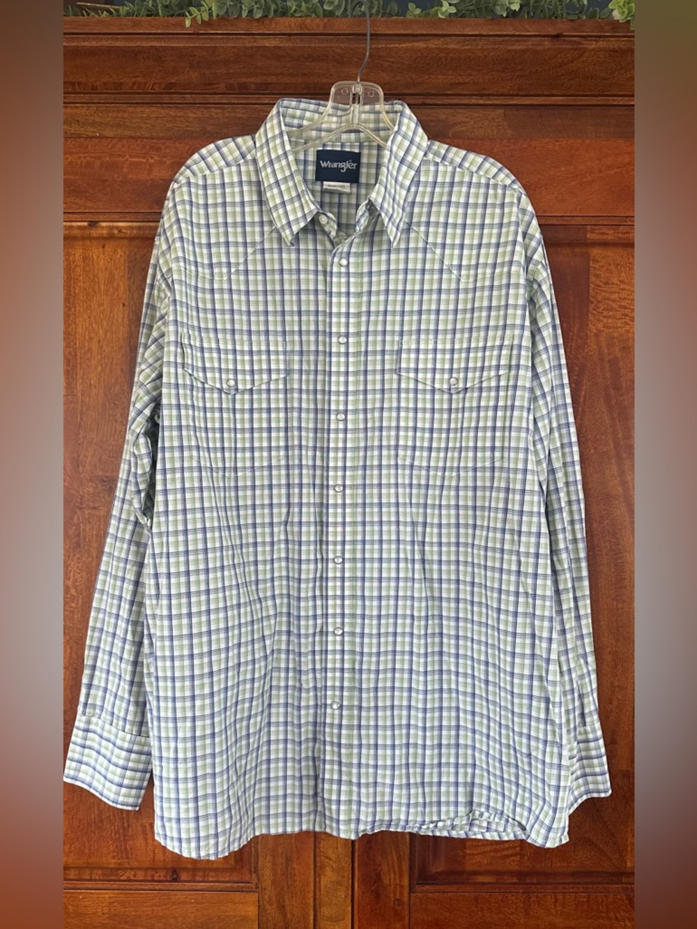 Wrangler Light Green & Blue Plaid Snap-Front Shirt